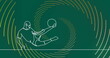 Image of drawing of male soccer player kicking ball and shapes on green background