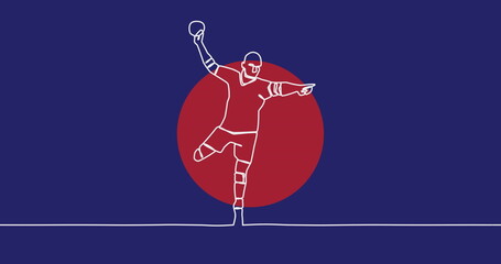 Wall Mural - Image of drawing of male handball player throwing ball and red spots on blue background