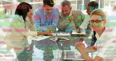 Poster - Image of trading board over diverse coworkers discussing reports in meeting at office