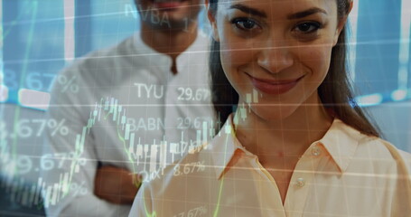 Poster - Image of graphs and stock market data moving over smiling biracial businessman and businesswoman