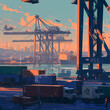 Bright Dawn at Industrial Docks with Active Logistics and Freight Movement