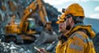 © MrcoStock - Two construction workers wearing yellow safety helmets and high vis jacket, standing in front of two excavators  and holding digital tablets against sunny blue sky background at morning light