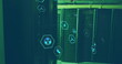 Image of icon in hexagons over data server racks in server room