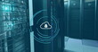 Image of padlock and cloud in loading circles over data server room