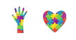 Image of autism colourful puzzle pieces forming hand and heart on white background