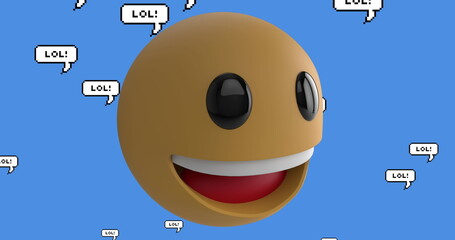 Poster - Image of smiling emoji icon with lol text on blue background