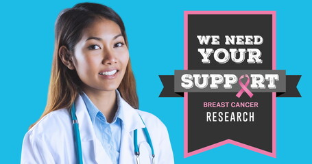 Poster - Image of breast cancer awareness text over female doctor