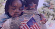 Image of stars with usa flags over african american soldier father hugging daughter