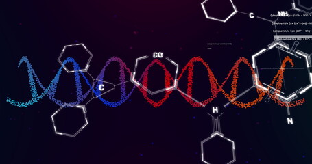 Sticker - Image of dna strand spinning over chemical structures