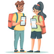 A man and a woman are holding tablets and backpacks