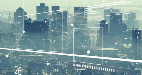 Wall Mural - Image of interface with data processing and network of connections over aerial view of cityscape