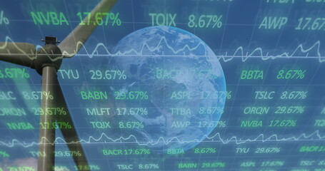 Wall Mural - image of financial data processing over windmill and landscape