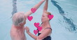 Image of heart icons over caucasian senior couple dancing in pool