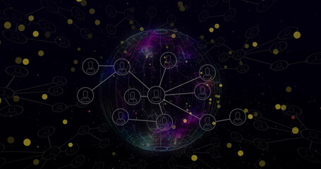 Wall Mural - image of dots moving over connections and globe on black background