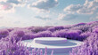 Minimal background with lavender field and empty white podium scene for product display, mockup in pastel purple colors 3d rendering , abstract minimalistic backdrop, lavender flower meadow