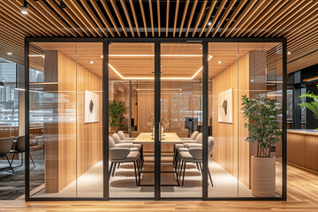 Modern conference room with glass partitions and wooden accents