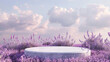 Abstract lavender background with minimalistic round podium and sky for product presentation mock up in summer nature landscape. pedestal on the pastel purple field of flowers