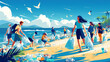 Group of volunteers collecting plastic trash on the beach cartoon illustration. People are coming together to restore the environment. Eco concept