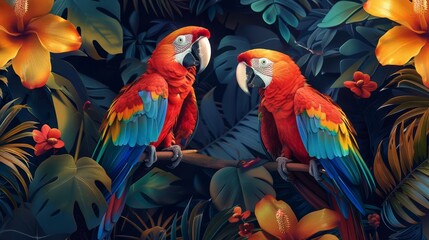 A bright and colorful record cover depicting a tropical scene with parrots and lush foliage in a pop art style