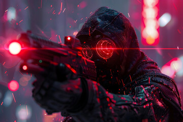 Sticker - Soldier Battles Rogue in Neon-Lit Dystopian Cityscape,Isolated Background with 3D Rendering and Cinematic Photographic Style