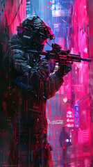 Canvas Print - Soldier Battles Rogue in Neon-Lit Dystopian Cityscape