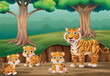 Group of tigers cartoon in the jungle background