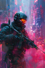 Canvas Print - Soldier Combatting Rogue in Neon-Drenched Dystopian Cityscape