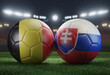 Two soccer balls in flags colors on a stadium blurred background. Group E. Belgium and Slovakia. 3D image.