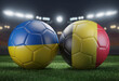 Two soccer balls in flags colors on a stadium blurred background. Group E. Ukraine and Belgium. 3D image.