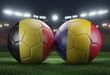 Two soccer balls in flags colors on a stadium blurred background. Group E. Belgium and Romania. 3D image.