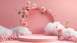 3d render, pink pastel podium with roses and clouds background for product presentation, cosmetic mock up, beauty backdrop, spring concept