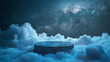 Abstract background podium in the clouds with stars, blue round pedestal on dark sky. Mock up scene for product presentation and display of products or cosmetics