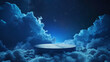 Abstract blue podium pedestal surrounded by clouds on dark background with stars, product presentation space in sky