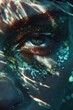 Close-up of a shimmering human eye encapsulated by vivid turquoise and golden hues, highlighting intricate details in a surreal aesthetic