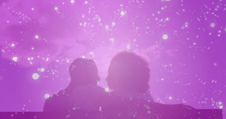 Sticker - Image of light spots over biracial couple embracing