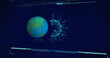 Image of globe over data processing with virus cell on black background