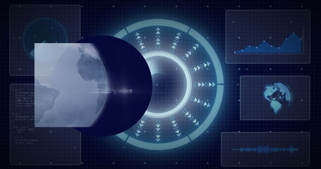 Wall Mural - Image of globe over data processing with scope scanning on black background