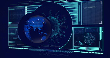 Wall Mural - Image of globe over data processing with virus cell on black background