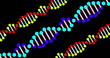 Image of confetti falling and three dna strands moving on black background