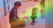 Image of heart emojis and rainbow flag over caucasian woman with dog
