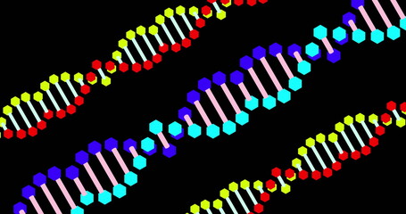 image of confetti falling and three dna strands moving on black background