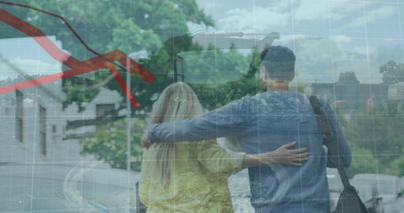 Wall Mural - Image of financial data processing over caucasian couple walking in city