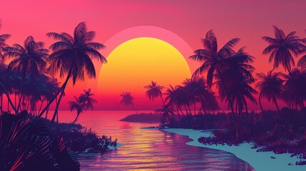 Palm trees silhouettes at colorful sunset background, gradient sunset palm trees wallpaper