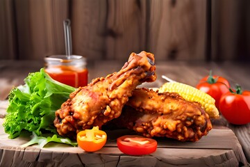 Wall Mural - fried chicken wings with vegetable on wood background - junk food and unhealthy food