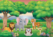 Cute wild animals cartoon in the landscape background