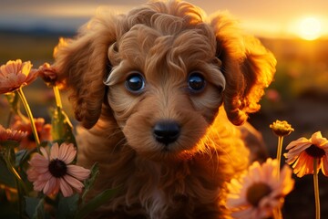 A charming brown poodle puppy with fluffy fur, standing in a field of vibrant orange flowers, gazing at the camera against a stunning sunset backdrop.