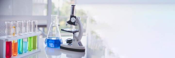 banner science laboratory chemistry test science lab with microscope glass tubes chemical beaker sci