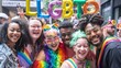 © aicandy - Diverse group of joyful people celebrating at a pride parade with colorful outfits and LGBTQ balloons, showcasing unity and happiness