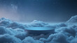 Abstract background podium in the clouds with stars and night sky, blue round pedestal on foggy background for product presentation empty mockup.