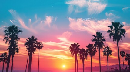 Palm trees silhouettes at colorful sunset background, gradient sunset palm trees wallpaper